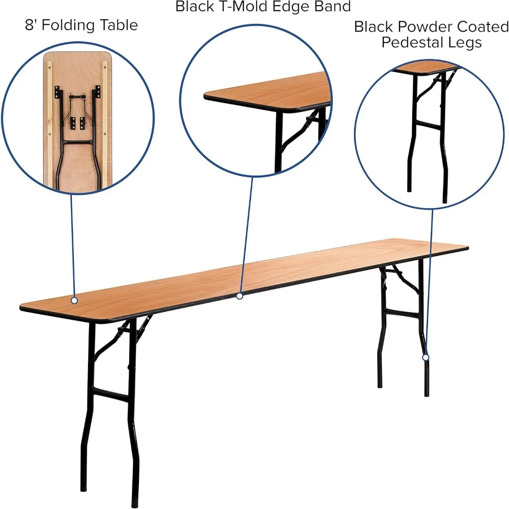 Mesa dobrável de madeira Gael 8' para treinamento e eventos, mesa de treinamento dobrável retangular com tampo acabado revestido transparente e liso, natural