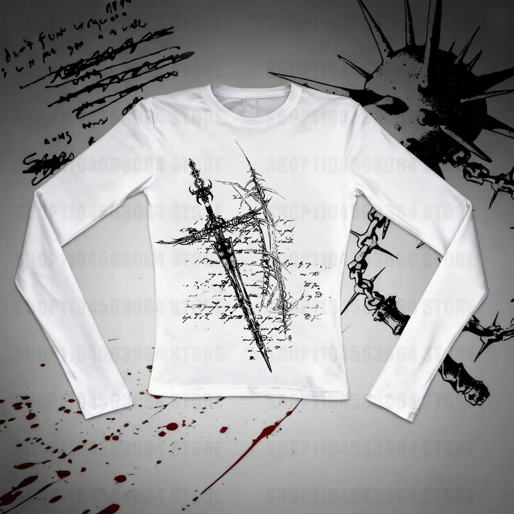 

Retro long sleeved T-shirt with printed round neck long sleeved pattern for women, slim fit top for girls, emotional street styl