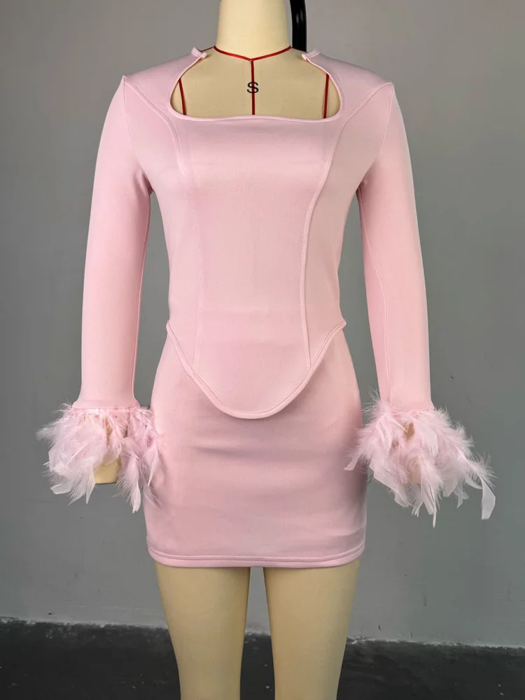 Beyprern Elegant Strapless Full Sleeve Feather Mini Dress Wedding Gusest Style New Chic Corset Top And Matching Set Pink Outfits