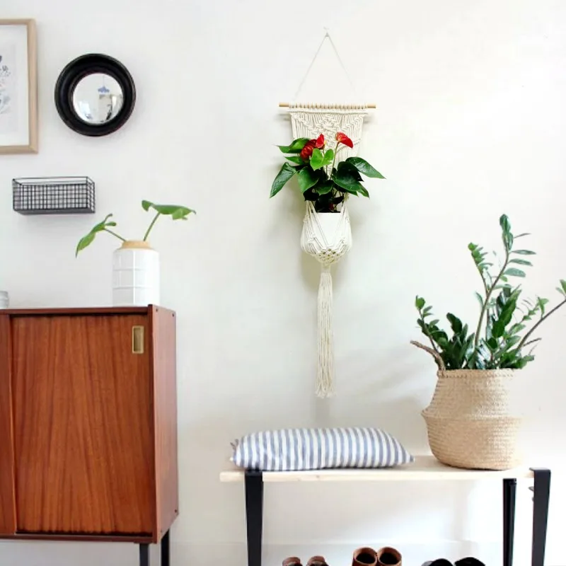 Nordic Handmade Tapestry, Cotton Rope Weaving, Hanging Basket, Flower Pot, Plant Mesh Bag, Modern Bedroom, Balcony Decor