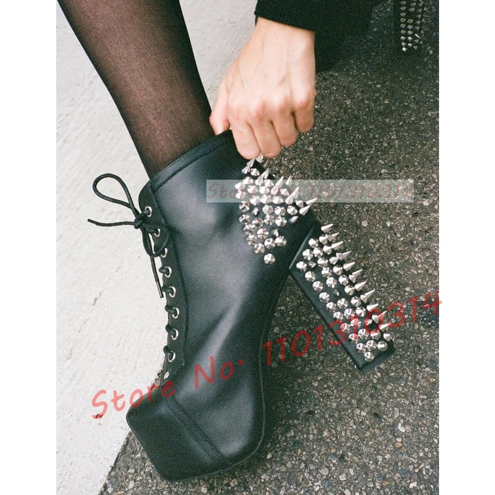 Black Platform Short Boots With Silver Spike Women Sexy Block High Heels Round Tip Biker Boots Ladies Stylish Streetwear Shoes