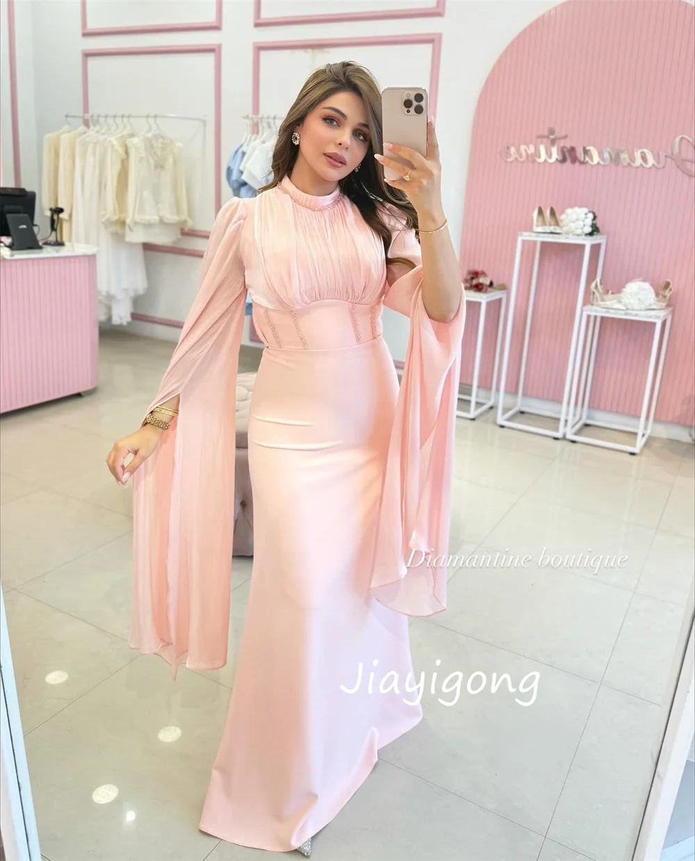 Customized Exquisite Jersey Pleat Trumpet O-Neck Long Dresses Bespoke Occasion Evening High Quality Chinese Style