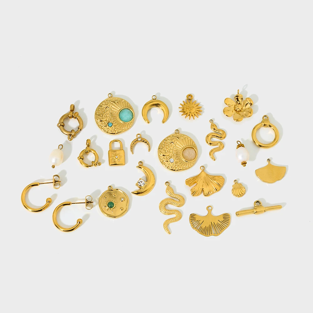 เครื่องประดับ DIY 14K ชุบทองสแตนเลสงูดวงจันทร์ล็อคดวงอาทิตย์เปลือกหอยดอกไม้จี้ใบเครื่องประดับหลายตัวเลือก