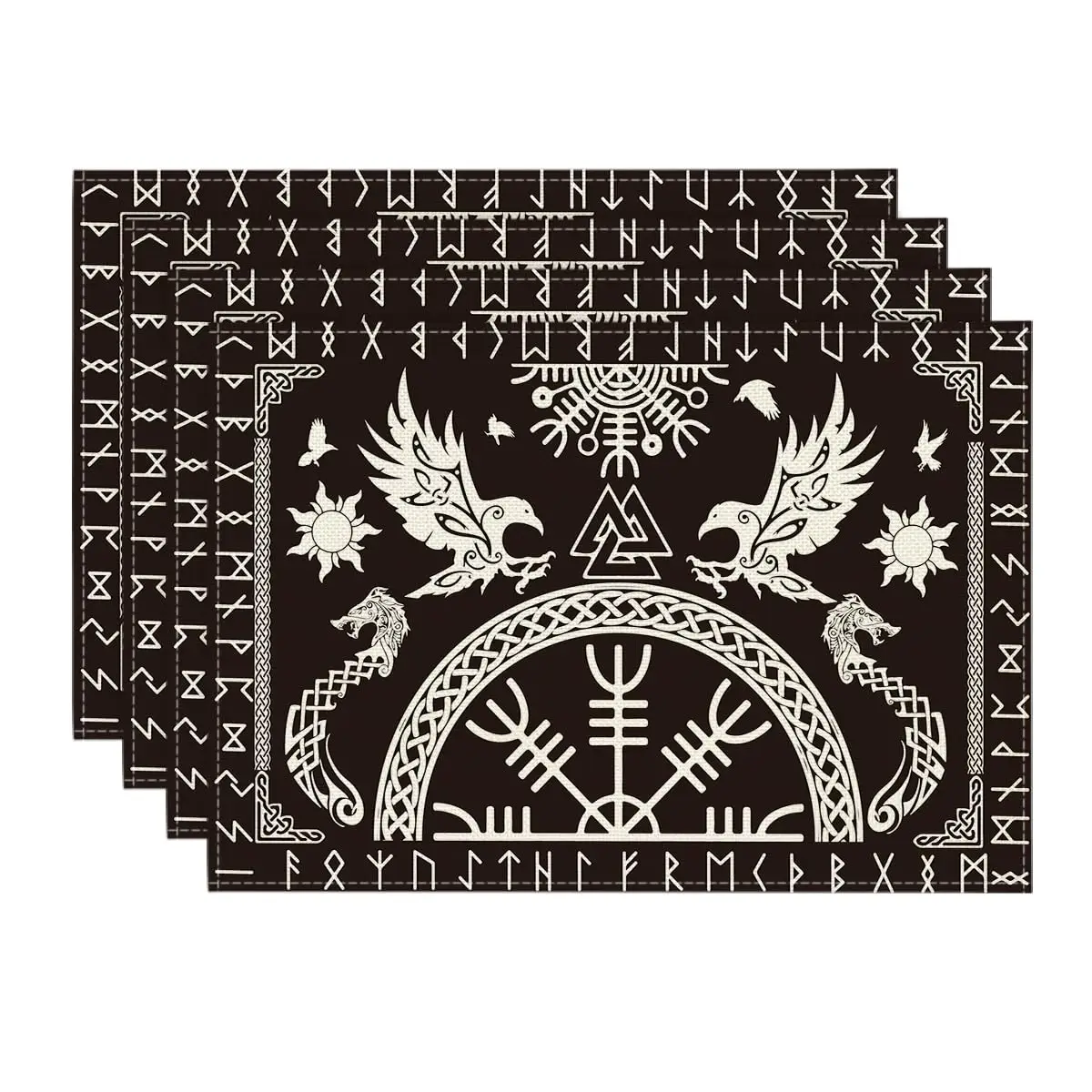 

Black Viking Tree of Life Raven Helmet of Awe Placemats Set of 4,12x18 Inch Seasonal Table Mats for Party Kitchen Dining Decor