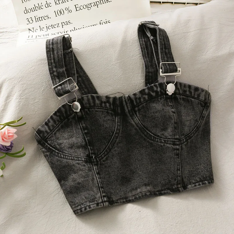 Girls Summer Short Exposed Navel, Denim Small Back, Korean Version With Adjustable Back Elasticity, Shoulder Straps, Pleated