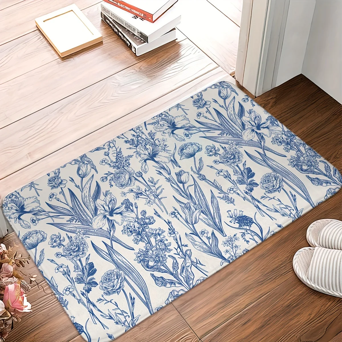 VIKAMA Blue and White Porcelain Color Floral Rug Doormat Kitchen Rug Carpet For Living Room Rug For Bedroom Bathroom Mat Home De