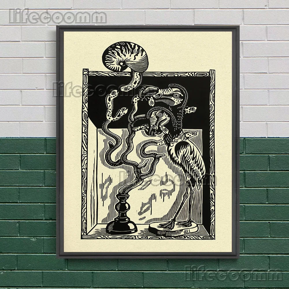 Flying Witches And Demons In The Flame Vintage Wall Art Phoenix In The Lamp,Rabbit And Frog Witchcraft Element Art Poster Print
