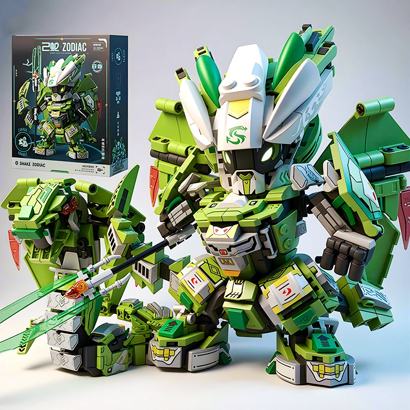 2in1 Mecha Building Blocks Transformable Robot Building Blocks Green Snake Animal Building Blocks DIY Children Toy Holiday Gift