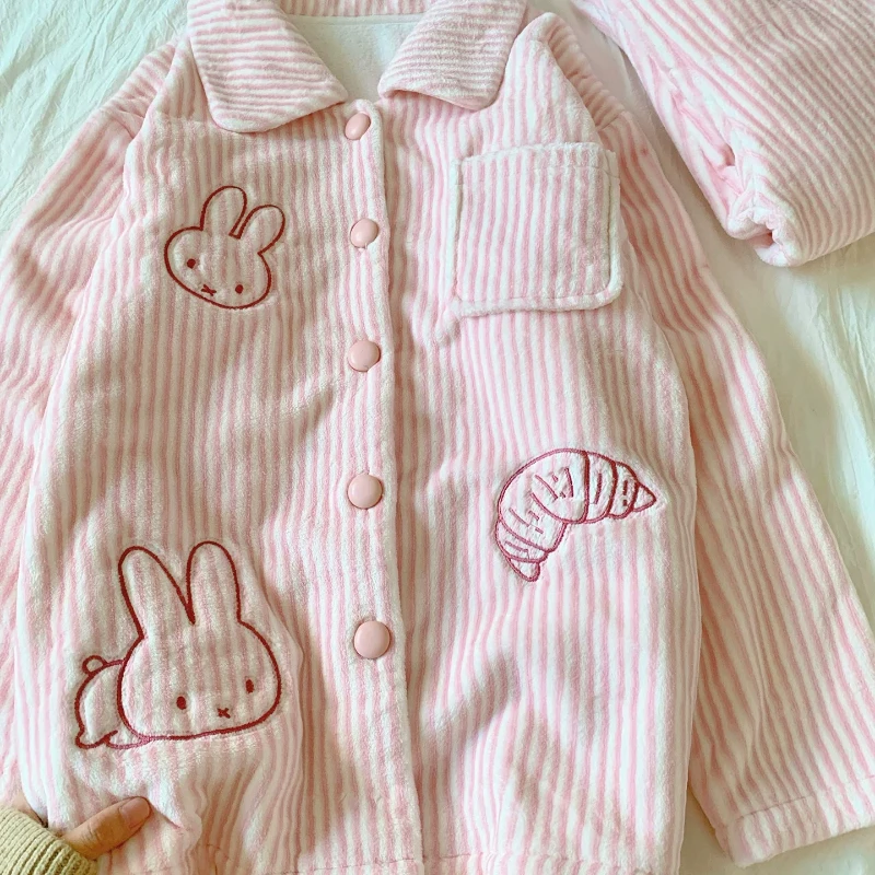 Miffy Kawaii Anime Cartoon Pajamas Female Winter Flannel Thicken Stripes Printing Embroidery Pocket Coral Fleece Home Suit