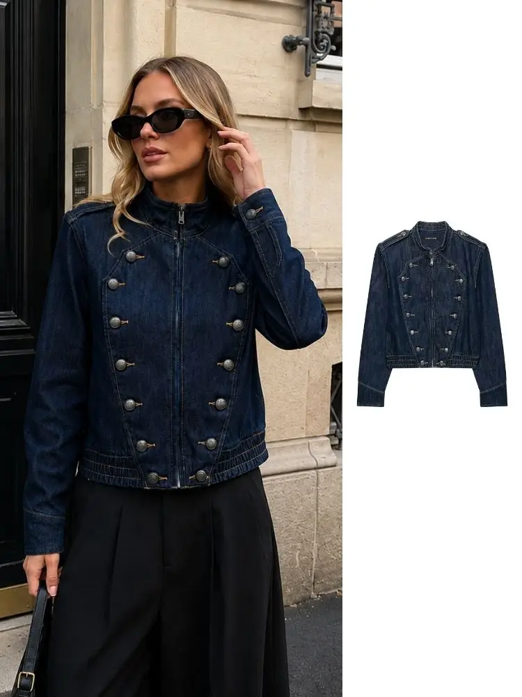 HH Women Raw Denim Military Cropped Jacket Spring Stand Collar Epaulets Double‑Row Vintage Metal Buttons Casual Street Jean Wear