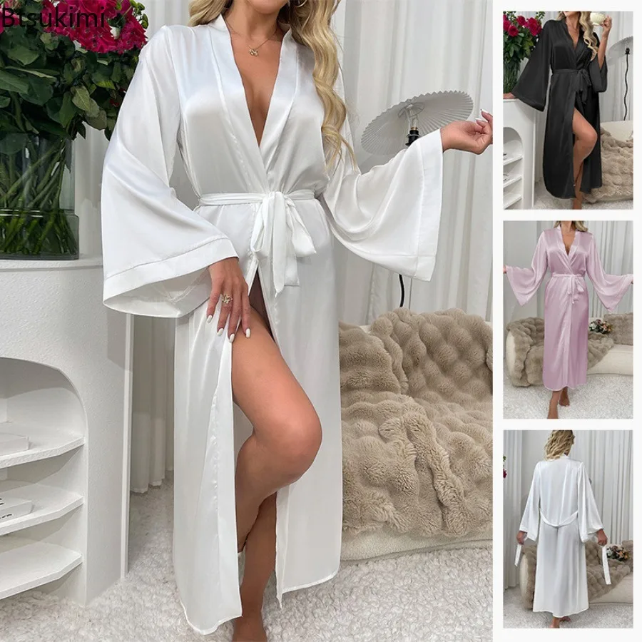 New 2025 Women's Nightgown Satin Kimono Robe Full Length Silky Bath Robe Lady Long Sleeve Nightgown Sleepwear Wedding Bridesmaid