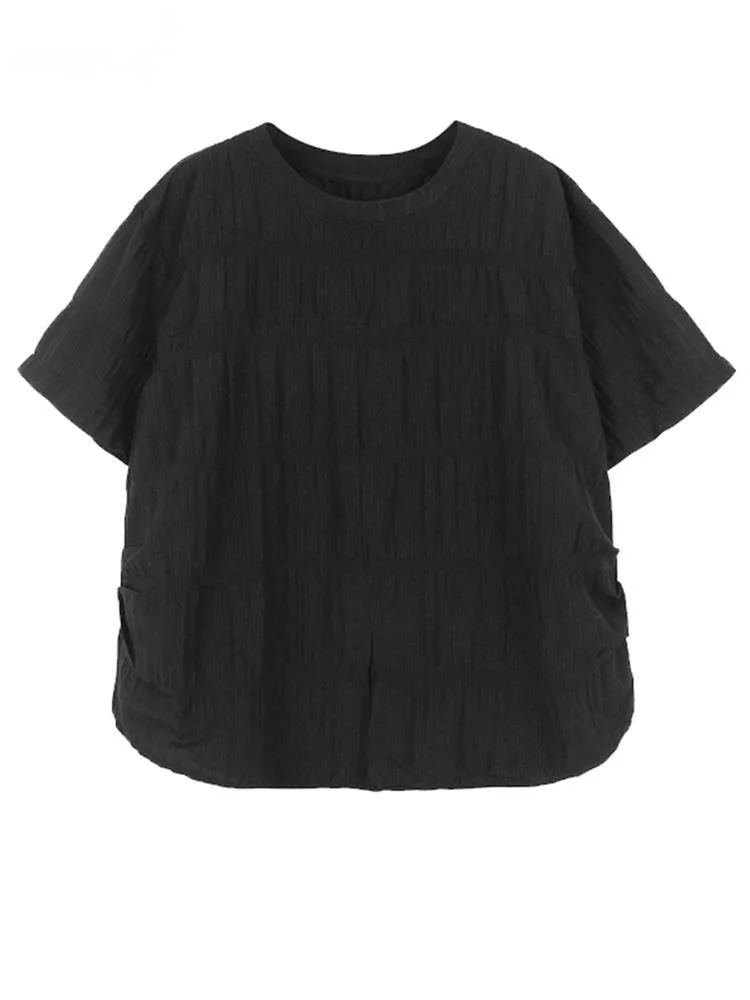 

Women Black White Pleated Big Size Casual T-shirt New Round Neck Short Sleeve Fashion Tide Spring Summer O160