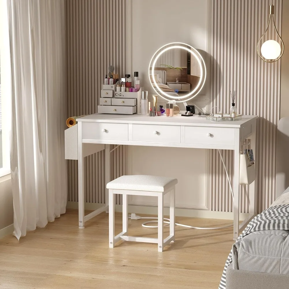 

Makeup Vanity Desk with Mirror and Lights, 40 Inch Make Up Vanity Desks with Fabric Drawers & Power Outlet, Dressing Table