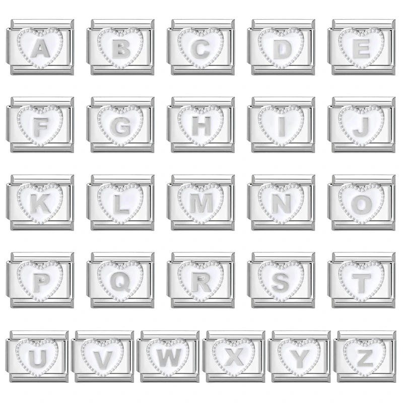 White Heart 26 English Letters Charm Links Fit 9mm Bracelet Stainless Steel Women Men Making DIY Jewelry Gifts Wholesale