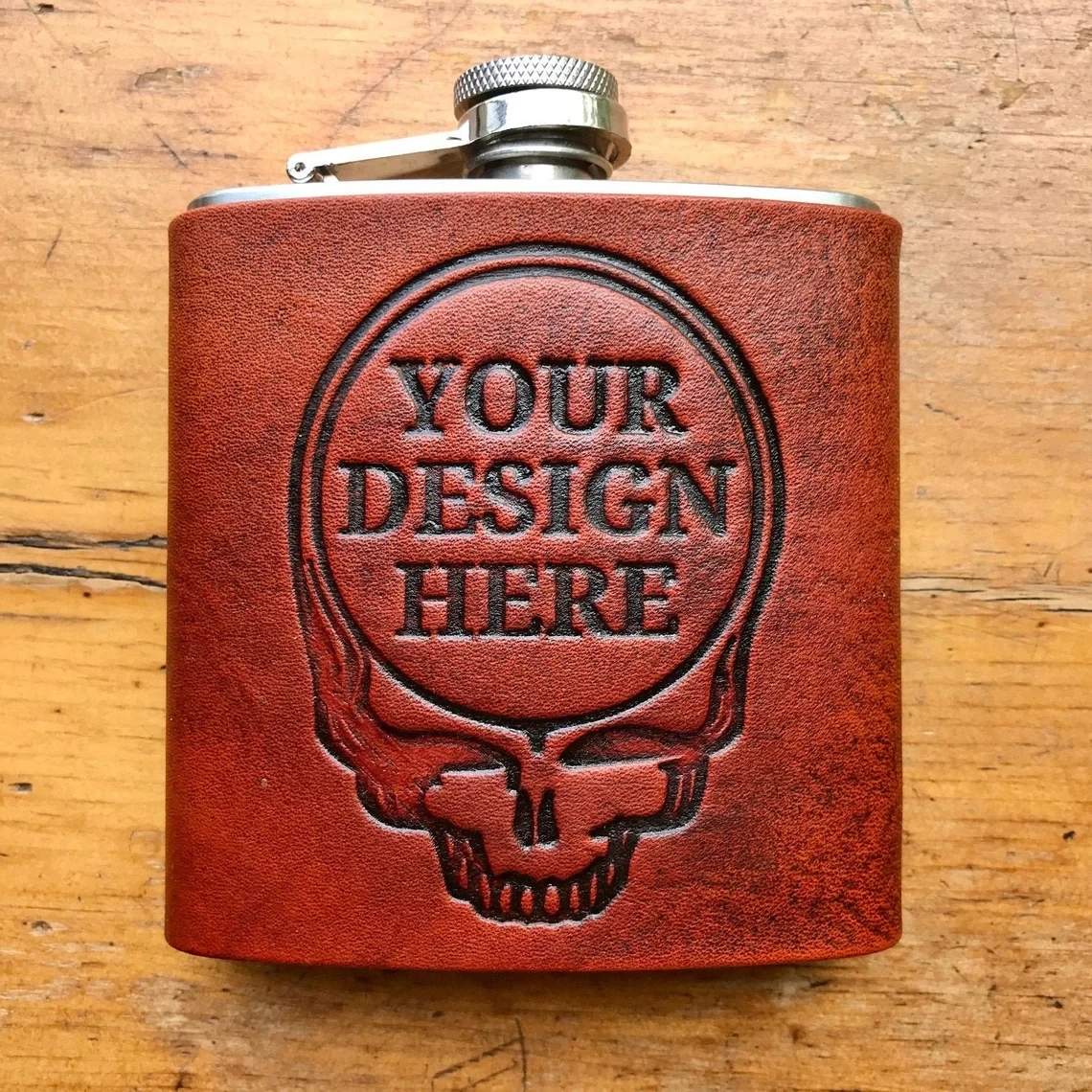 Design Your Own Grateful Dead Flask, Steal your face Hip Flask, Personalized Flask, Leather Flask, Groomsmen Flask, Custom flask