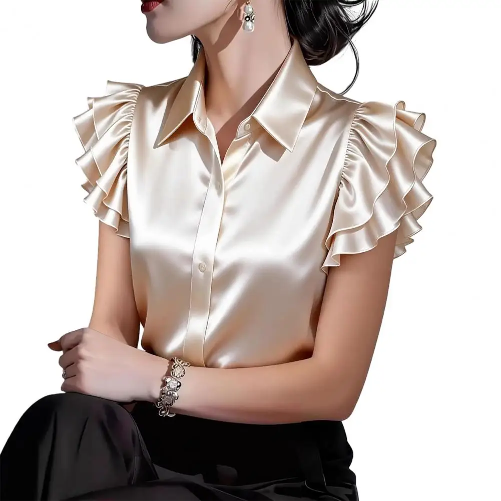 

Women Loose Fit Shirt Breathable Women Top Women’s Satin Shirt Tops Lapel Ruffle Short Sleeve Blouses Single Breasted for Wear