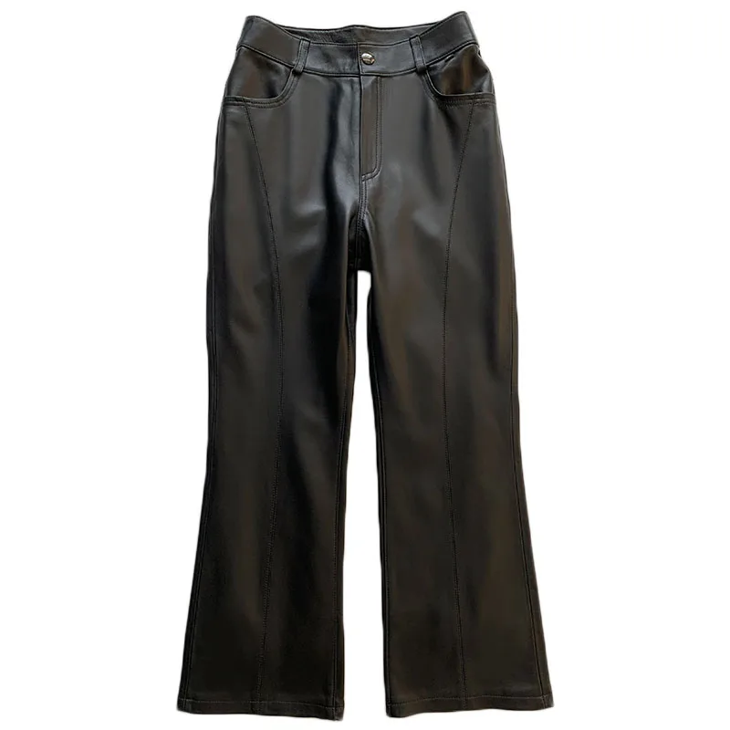 2024 Spring Autumn Genuine Sheepskin Leather Pants Female High-waisted Micro Flared Pants Womans Clothing Nine-points Trousers