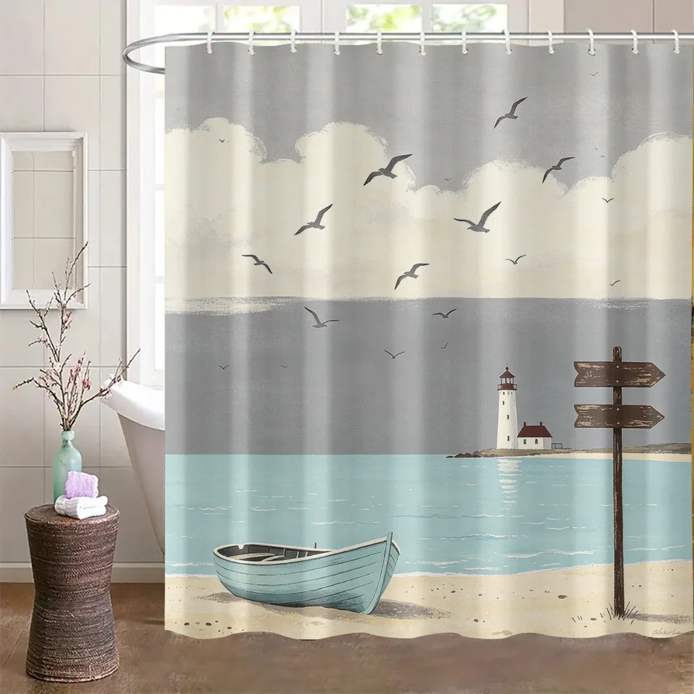 1pc Light Tone Coast Lighthouse Boat Seagull Print Shower Curtain, Retro Seaside Scenery Home Decor, Suitable for Bathtub, Multi