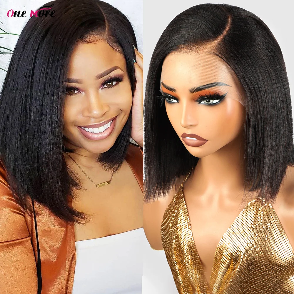 Yaki Straight Bob Wig 13x4 Lace Front Bob Wigs Human Hair Kinky Straight Pre Plucked Wigs with Bleached Knots