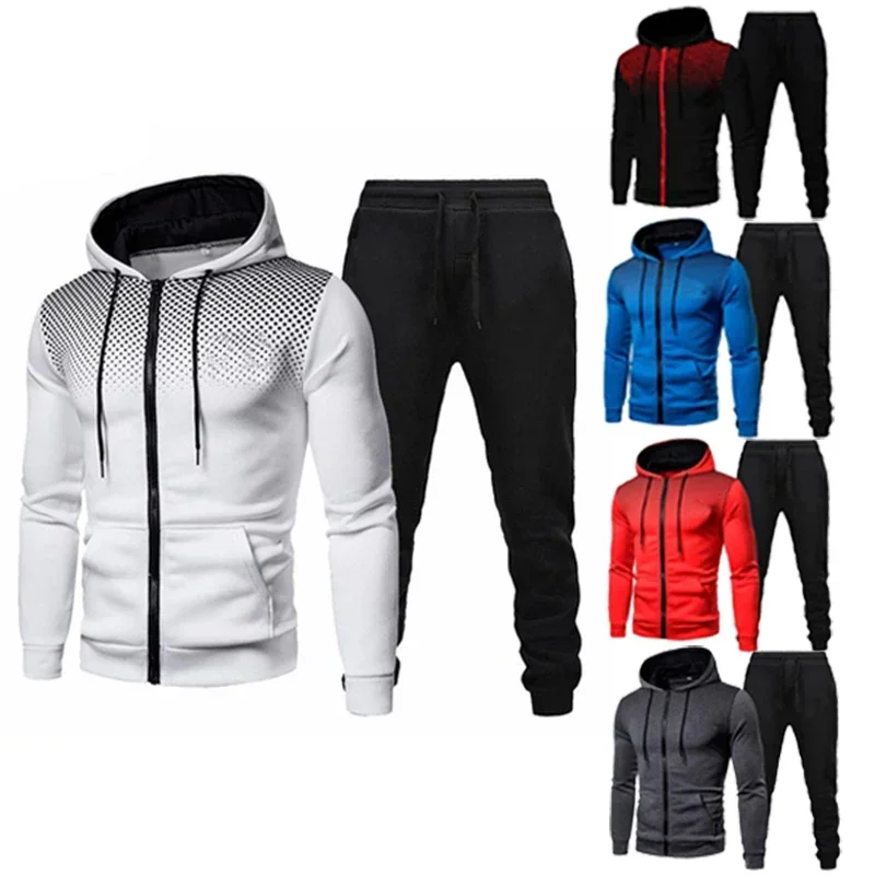 

Mens Tracksuits Casual Versatile Jacket Coat Outfits Round Dot Zipper Hooded Sweatshirt+Sweatpants 2 Piece Set Jogging Clothing