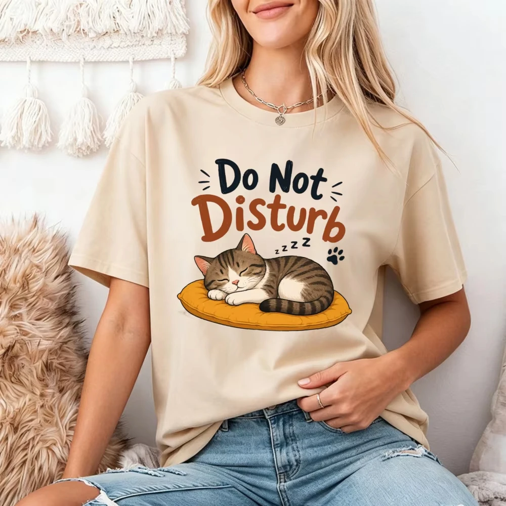 Do Not Disturb Beige Tee Women Sleeping Cat Graphic T-Shirt Female Cozy Daily Wear Cute Autumn Top Trendy Casual Shirt