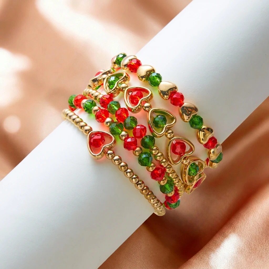 Weihnachtliches Mehrschichtiges Armband-Set mit Bunten Acrylperlen für Frauen, Niedliche Weihnachtsmann- und Schneemann-Anhänger, Weihnachtsparty-Schmuck – Detail 5