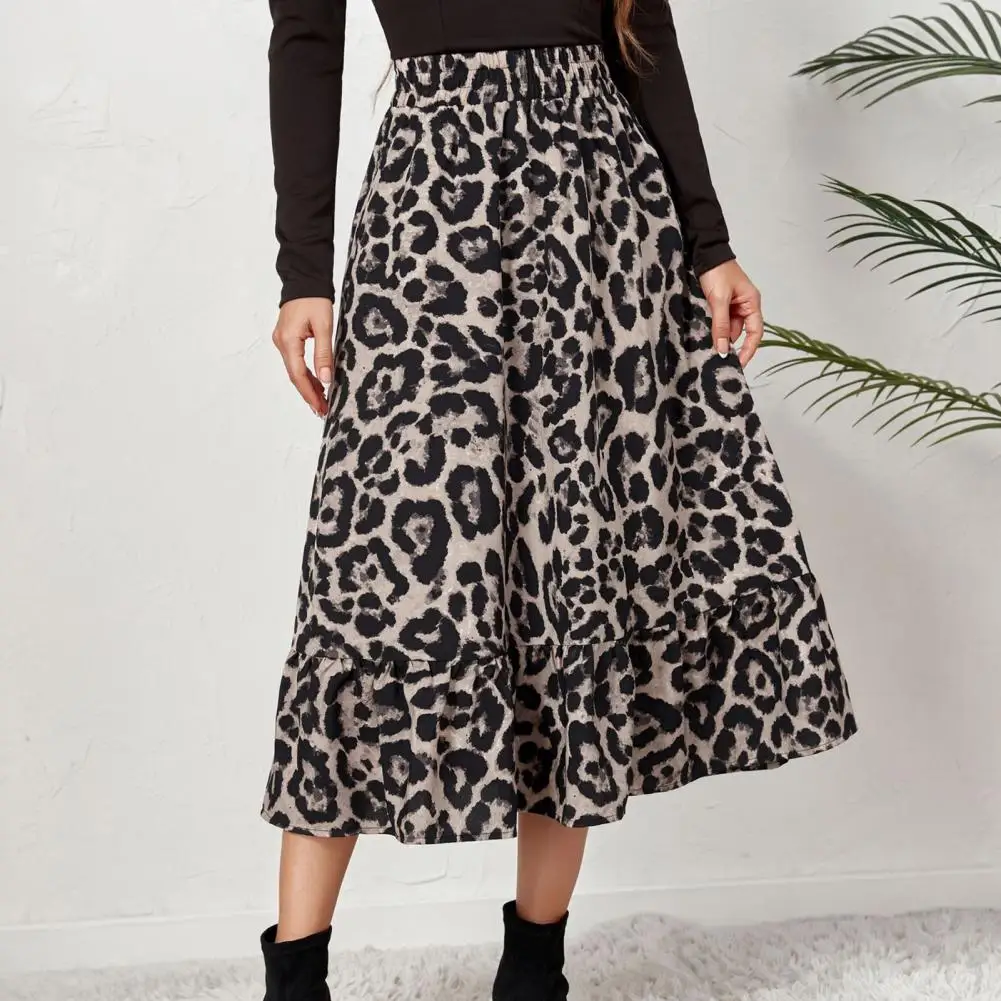 Women Skirt High Waist Stylish Skin-touching Elastic Fine Workmanship Dressing Up Chiffon Leopard Print A-line Skirt Daily Cloth