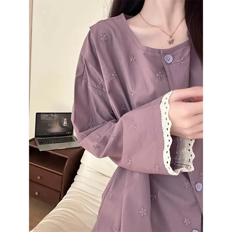 

Женские пижамные комплекты с цветочным принтом, корейская пижама с длинным рукавом, фиолетовая ночная одежда, осенний домашний костюм, брюки, комплекты для женщин, комплект из 2 предметов