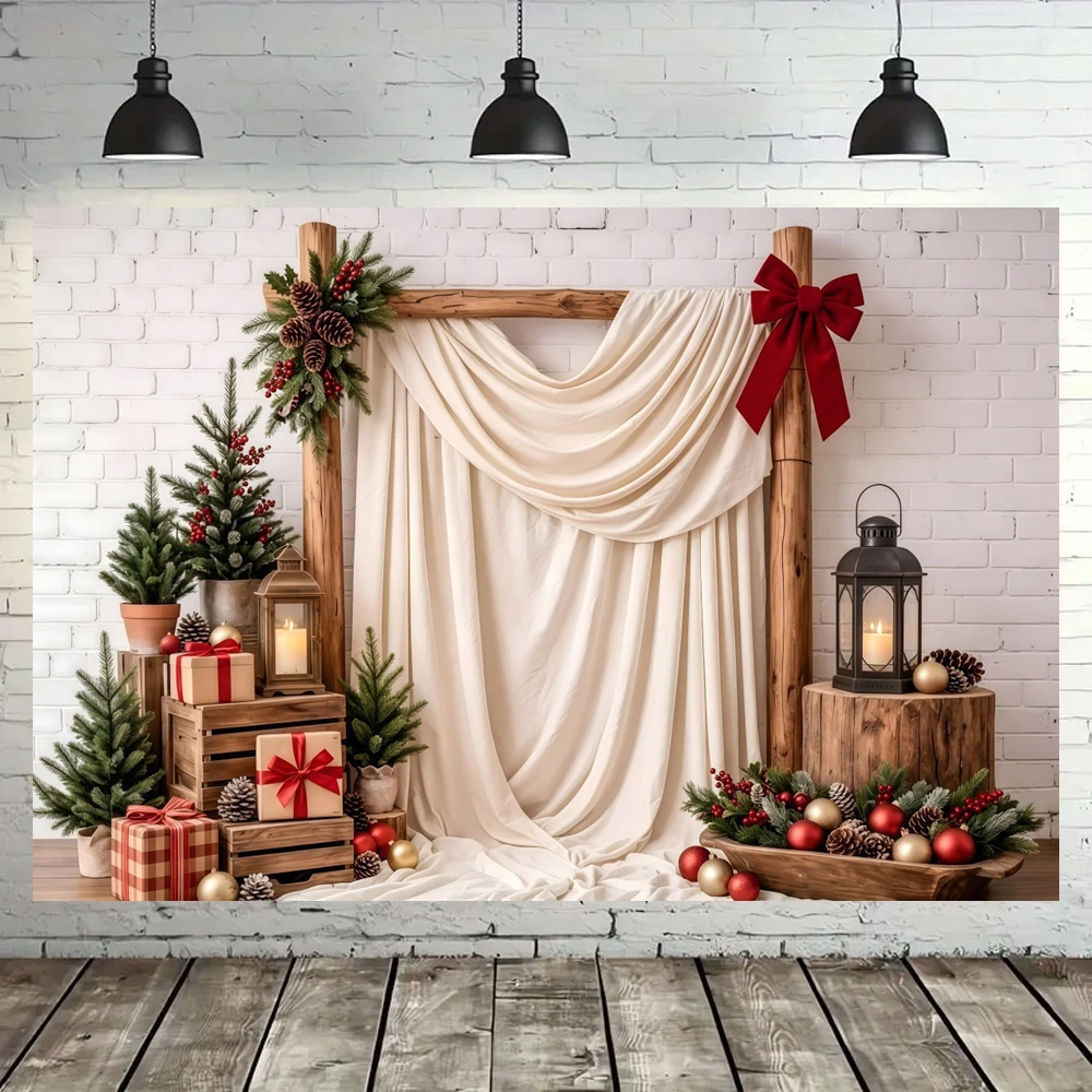 Boho Wooden Christmas Backdrop Cream Curtain Red Bow Pine Cone Lantern Family Portrait Photography Background Photo Booth Props