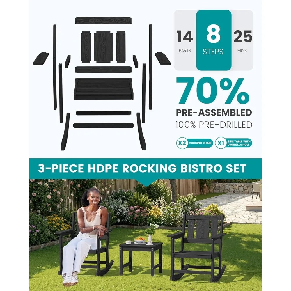 Outdoor Rocking Chair Set of 2 with Side Table, All-Weather HDPE 3 Piece Patio Furniture Set, Outdoor Bistro Set, Customized