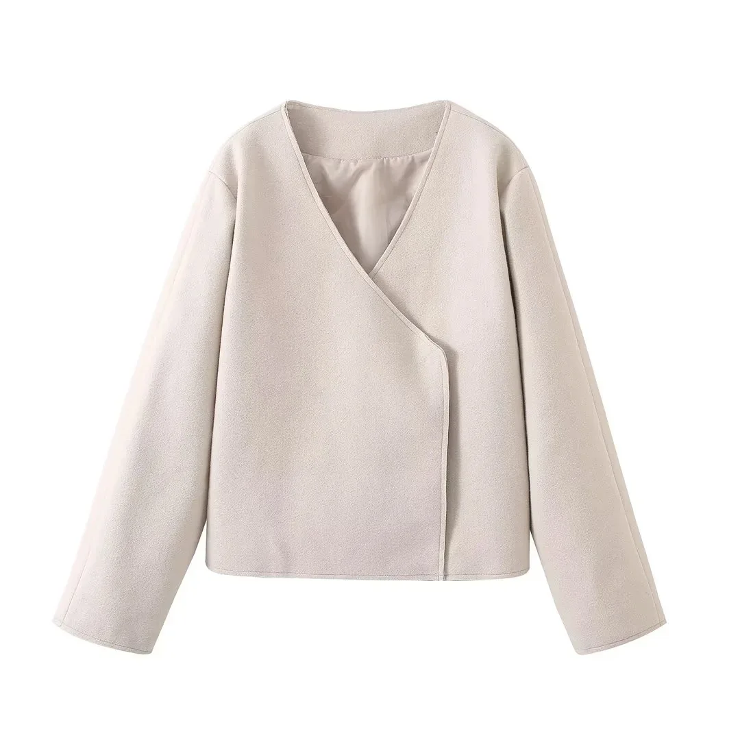 

2024 V Neck Women Winter Coat Long Sleeve Covered Button Clothes Beige Elegant Short Jacket Abrigo De Mujer Wool Blends Sober