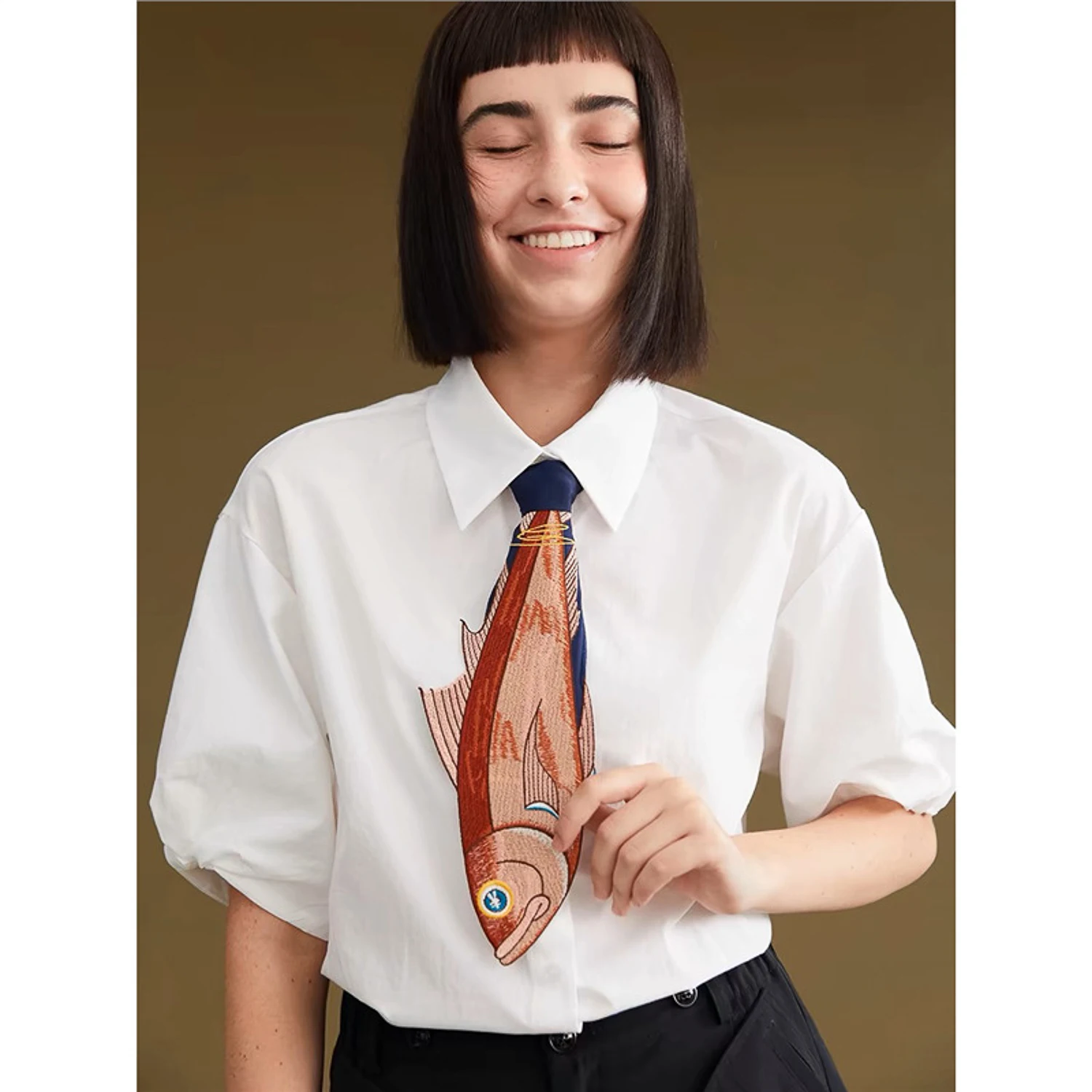 Creative Design Irregular Fish Embroidery Patchwork Necktie Fun Novelty Decorative Tie For Women Fashion Outfit Party Cosplay Ac