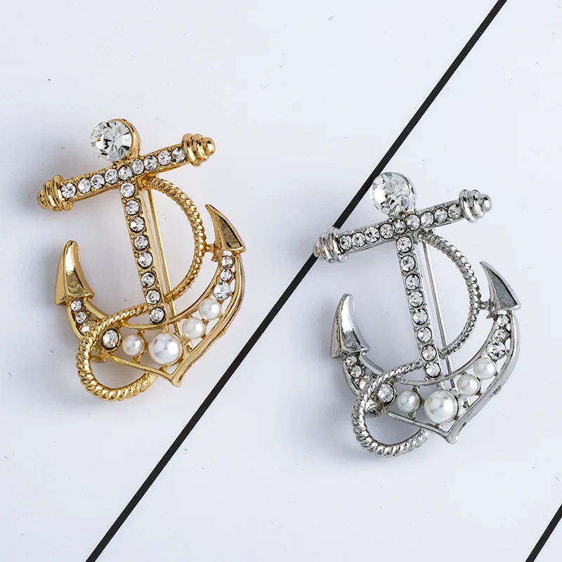 Naval Rudder Anchor Brooches Pins Rhinestone Men\'s Suit Shirt Collar Lapel Pin Metal Brooch Women Men Badge Jewelry Accessories