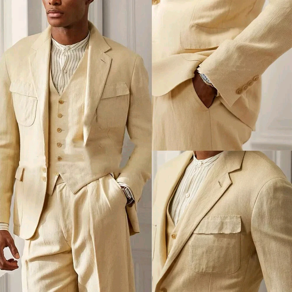 Casual Linen Yellow Men Suits Daily Single Breated Notch Lapel Beach Wedding Outfits Fashion 3 Piece Jacket Pants Vest Terno