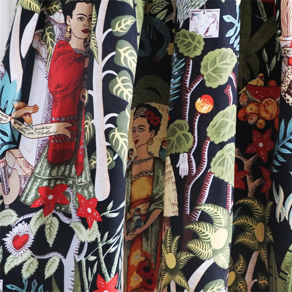 Women Vintage Frida Kahlo Print Skirt High Waist A-line Midi Skirts Bohemian Tropical Floral Pattern Casual Party Skirt For Lady