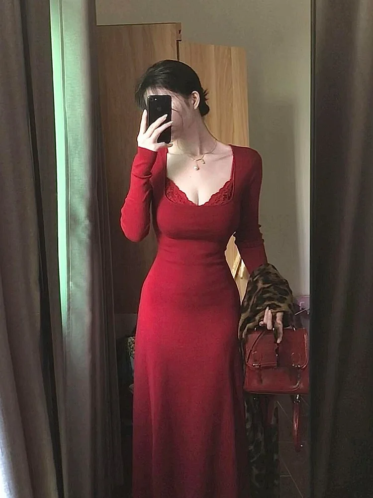 

Ретро-платье Syj ujia красного цвета с длинными рукавами и квадратным вырезом, женское, с эффектом утяжки талии, для полных женщин, для повседневной носки