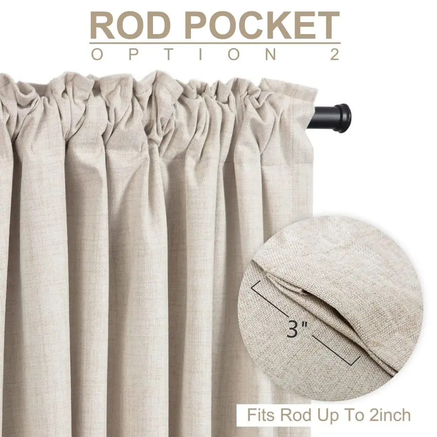 Zasłony zaciemniające z lnu do sypialni, długość 213 cm, zaszewkowane, z kieszenią na drążek, zasłony do salonu, termoizolacyjne zasłony zaciemniające.