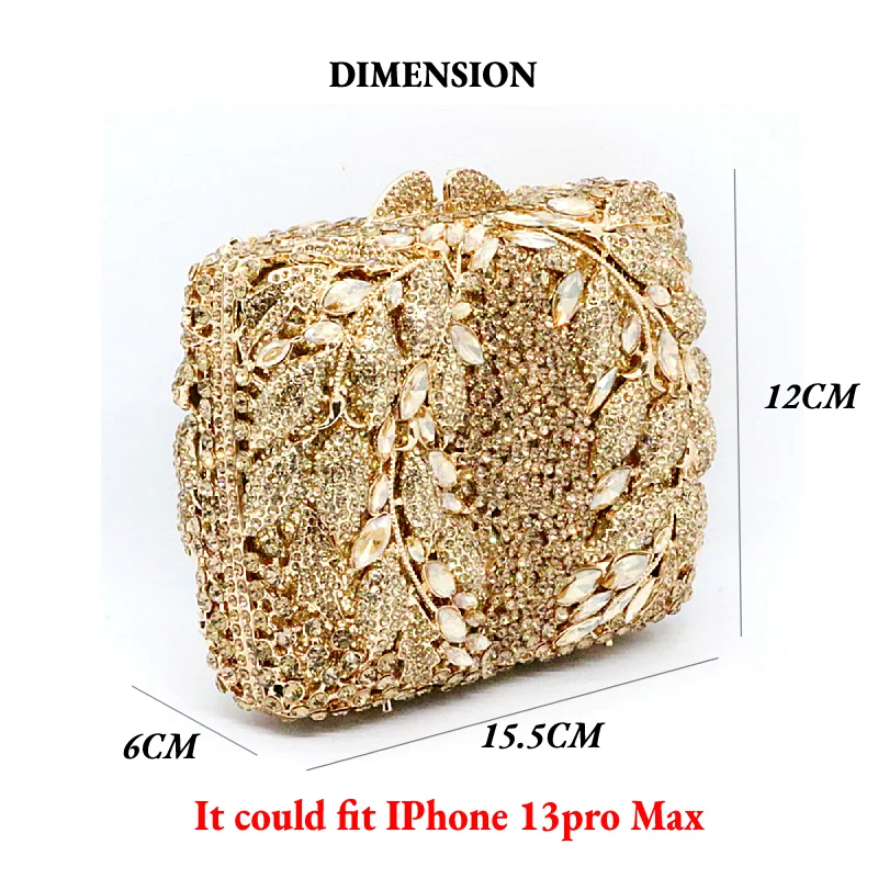 Afgoger Luxury Fashion Floral Leaf Metal Money Purse Gold Crystal Clutch Bag For Women Wedding Patry Handbags