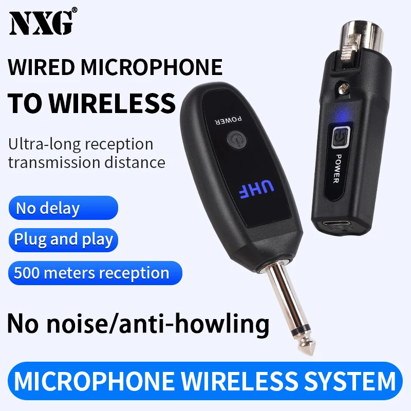 UHF Wireless Microphone Adapter Wired to Wireless Transmitter Receiver 500m Long Range for Dynamic Mic Speaker