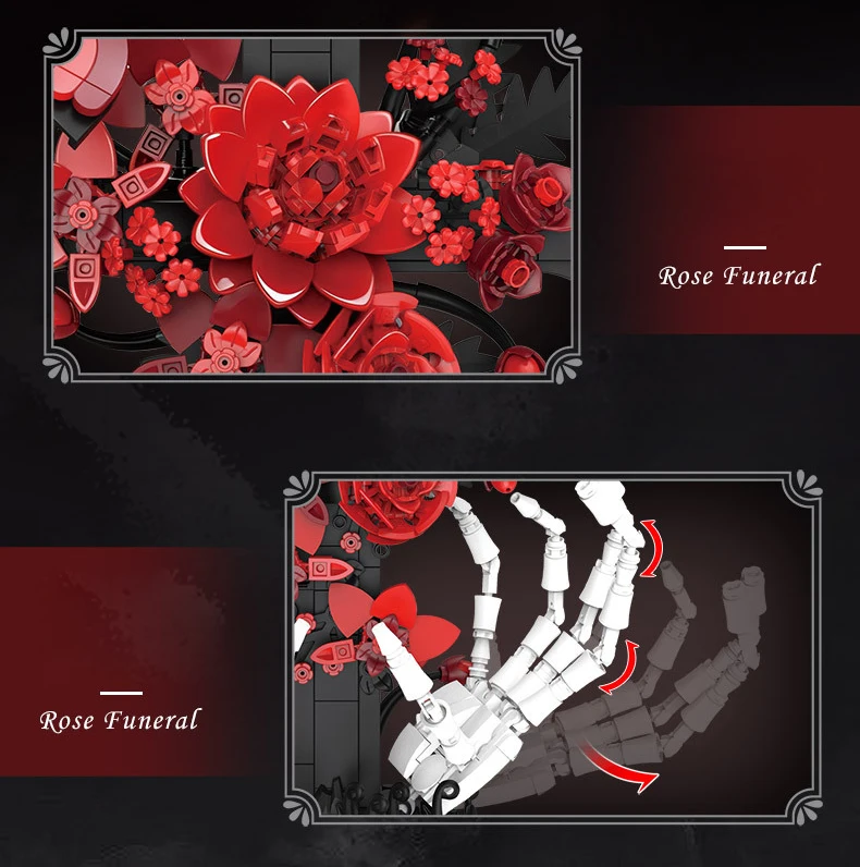 Idea Baustein Rote Rose Bestattungen Lernspielzeug Blumen Skelett Hand Kreuz Konstruktions-Baustein Modell Sammlerstück Schreibtischdekoration – Detail 4
