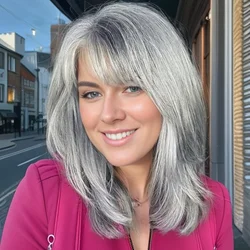 Womens Fashion New Handmade Ombre Grey Wigs Natural Long Curly Hair Mommy Wavy Wig with Side Bangs Party Wigs for Women Perucas