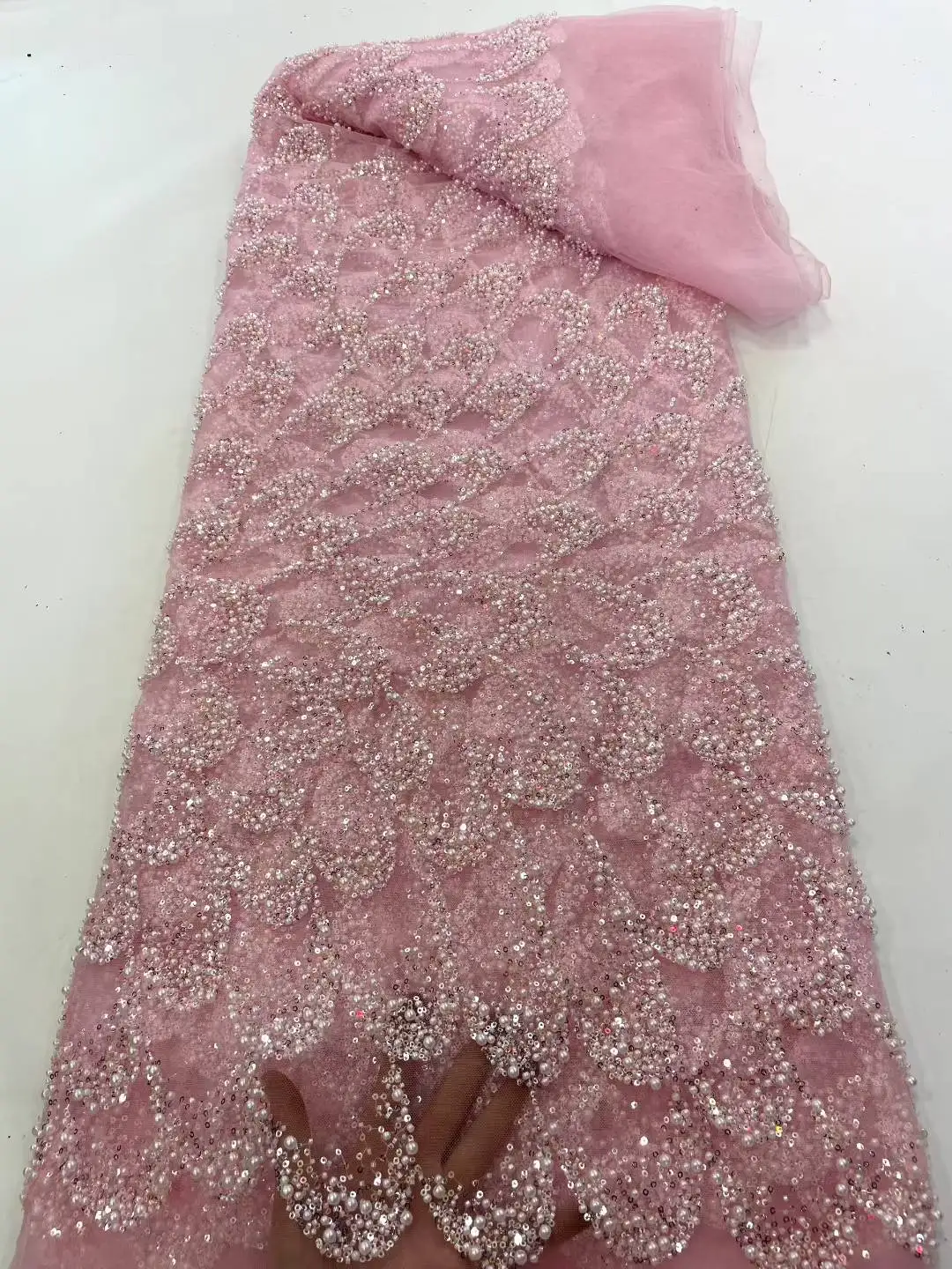 African Beaded  High Quality Nigerian Sequins With Pearl Lace French Tulle Lace Fabric For Party Dress Sewing