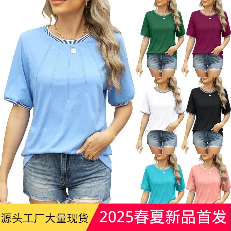 Women's T-Shirts And Polos Round Neck Short Sleeve Loose Fit Cotton Color Block Solid Ribbed Streetwear Pullover T Shirt