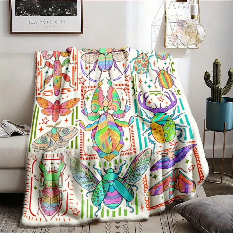 Cute Insect Friends Stamps Flannel Blanket, Moth Butterfly Bee Throw, Entomology Nature Gift