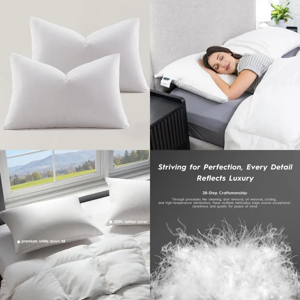 

Queen Size Ultra Soft Down Pillow Set of 2, Hypoallergenic for Comfortable Sleep, 100% Cotton 500 Thread Count Shell