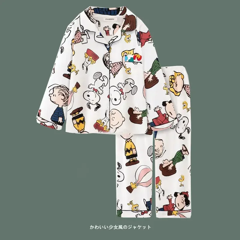 Snoopy Japanese Cartoon Pajama Girl Boy Spring and Autumn Cute Cartoon Long Sleeve Pants Pajama Home Clothes sleepwear nightgown