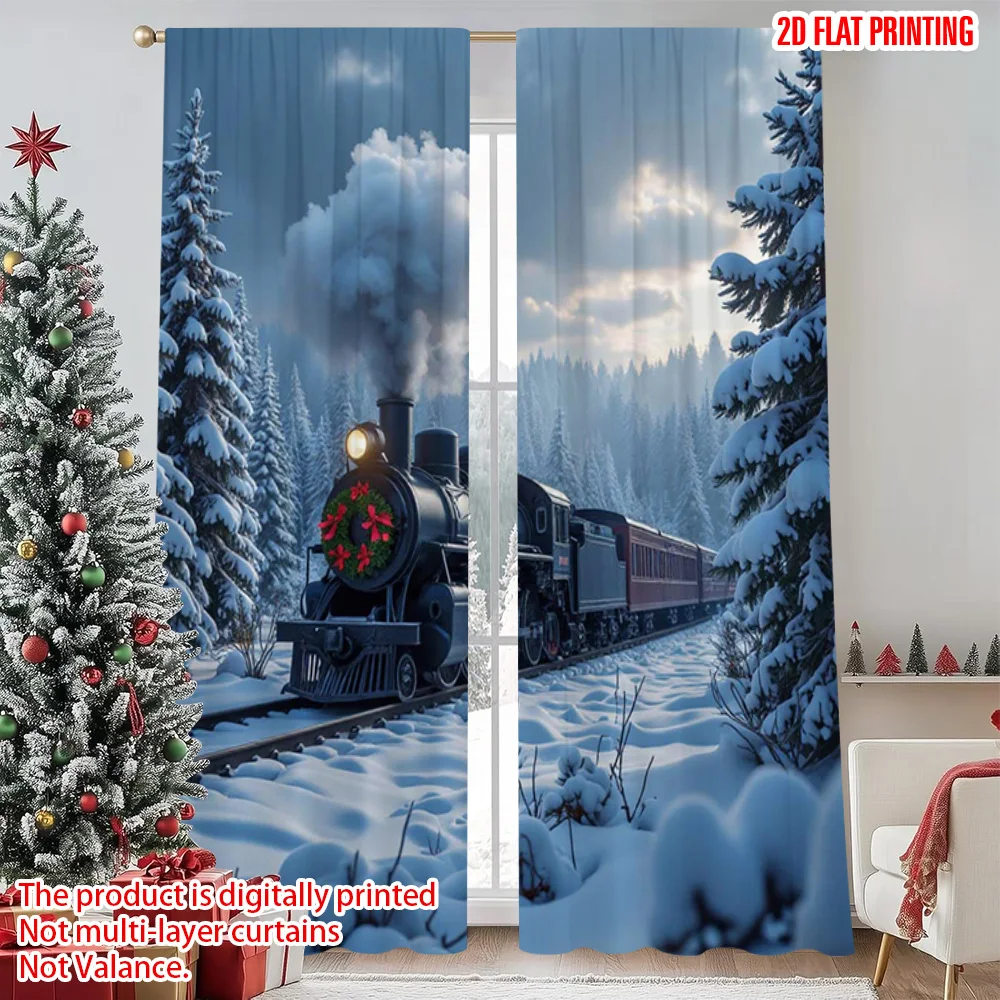 

2pcs 2D flat printing Merry Christmas Popular Window Drapes Vintage steam locomotive Christmas Versatile Polyester Without