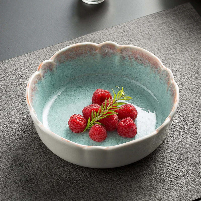 Floral Shape Deep Bowls 7/8Inches Round Ceramic Soup Bowl Underglaze Household Kitchen Fruit Salad Serving Porcelain Tablware