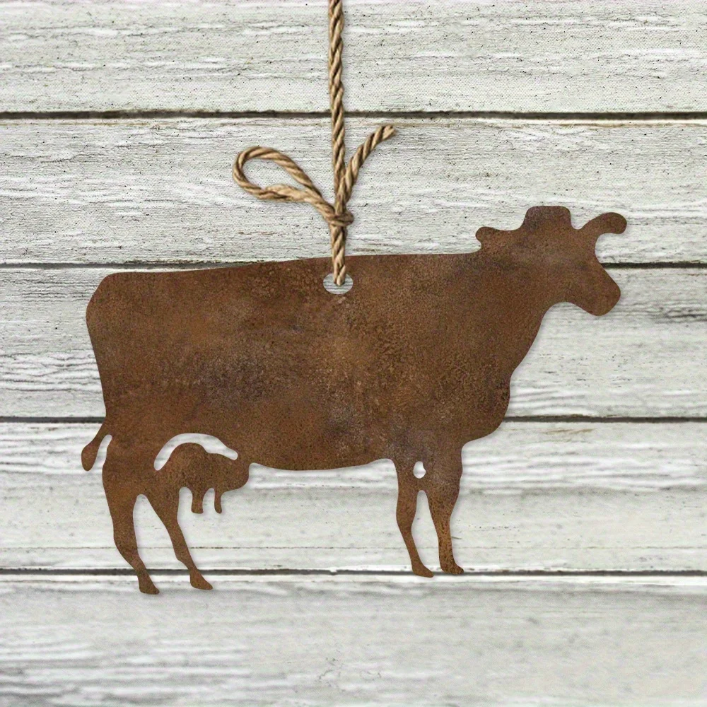 Rustic Cow Metal Art, Rusty Brown Metal Cow Wall Decor with Calf Silhouette, Farmhouse Style - Perfect Mother's Day Gift, Garden