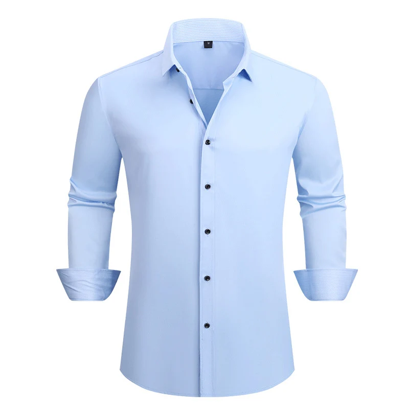 Men Fashion Patchwork Long Sleeve Shirts Spring Autumn Elastic Slim Fit Wrinkle Resistant Shirts Casual Business Lapel Shirt Man